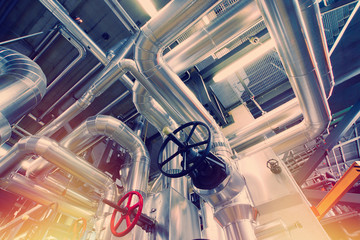 Industrial zone, Steel pipelines, valves and tanks