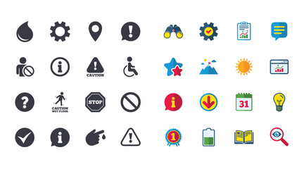 Set of Attention, Information and Caution icons. Question mark, warning and stop signs. Injury, disabled person and tick symbols. Calendar, Report and Browser window signs. Vector