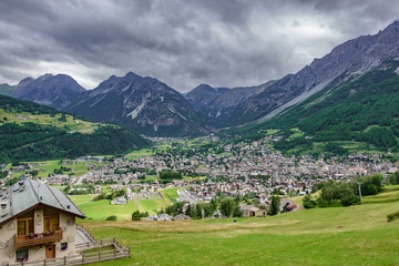 Fototapeta na wymiar Bormio city and Dolomites top view