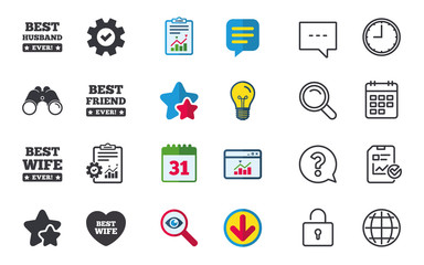 Best wife, husband and friend icons. Heart love signs. Award symbol. Chat, Report and Calendar signs. Stars, Statistics and Download icons. Question, Clock and Globe. Vector