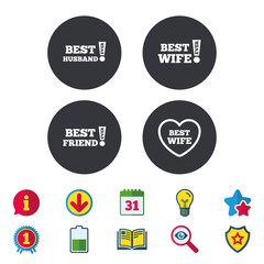 Best wife, husband and friend icons. Heart love signs. Awards with exclamation symbol. Calendar, Information and Download signs. Stars, Award and Book icons. Light bulb, Shield and Search. Vector
