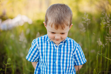 Boy in plaid shirt stands among tall green grass