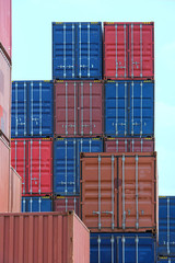 Fototapeta premium container ship in import export and business logistic.By crane ,Trade Port , Shipping,cargo to harbor.Aerial view.Water transport.International.Shell Marine.Top view.