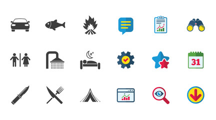 Hiking travel icons. Camping, shower and wc toilet signs. Tourist tent, fork and knife symbols. Calendar, Report and Download signs. Stars, Service and Search icons. Statistics, Binoculars and Chat