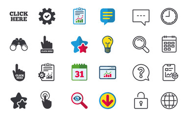 Click here icons. Hand cursor signs. Press here symbols. Chat, Report and Calendar signs. Stars, Statistics and Download icons. Question, Clock and Globe. Vector