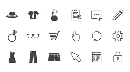 Clothes, accessories icons. Shirt, glasses and hat signs. Wallet with cash coins symbols. Chat, Report and Calendar line signs. Service, Pencil and Locker icons. Click, Rotation and Cursor. Vector