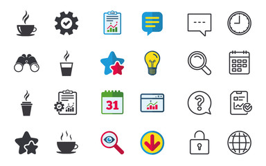 Coffee cup icon. Hot drinks glasses symbols. Take away or take-out tea beverage signs. Chat, Report and Calendar signs. Stars, Statistics and Download icons. Question, Clock and Globe. Vector