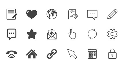 Fototapeta premium Mail, contact icons. Favorite, like and internet signs. E-mail, chat message and phone call symbols. Chat, Report and Calendar line signs. Service, Pencil and Locker icons. Click, Rotation and Cursor
