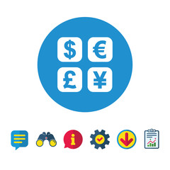 Currency exchange sign icon. Currency converter symbol. Money label. Information, Report and Speech bubble signs. Binoculars, Service and Download icons. Vector