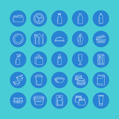 Plastic packaging, disposable tableware line icons. Product packs, container, bottle, packet, canister, plates and cutlery. Container thin linear signs for shop or synthetic material goods production.