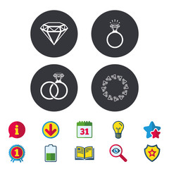 Rings icons. Jewelry with shine diamond signs. Wedding or engagement symbols. Calendar, Information and Download signs. Stars, Award and Book icons. Light bulb, Shield and Search. Vector