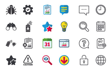 Bug disinfection icons. Caution attention symbol. Insect fumigation spray sign. Chat, Report and Calendar signs. Stars, Statistics and Download icons. Question, Clock and Globe. Vector