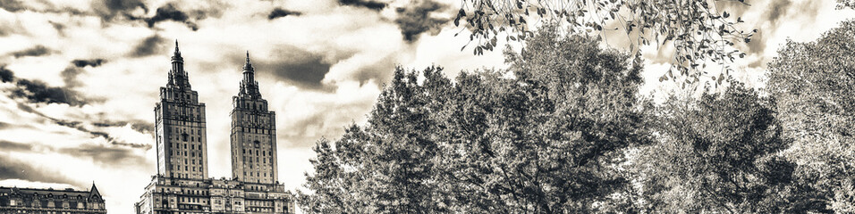 New York City. Foliage season in Central Park with Manhattan skyline