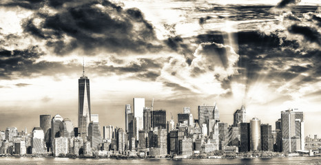 Panoramic view of Lower Manhattan from Ellis Island at dusk, New York City