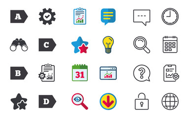 Energy efficiency class icons. Energy consumption sign symbols. Class A, B, C and D. Chat, Report and Calendar signs. Stars, Statistics and Download icons. Question, Clock and Globe. Vector
