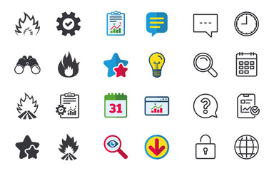Fire flame icons. Heat symbols. Inflammable signs. Chat, Report and Calendar signs. Stars, Statistics and Download icons. Question, Clock and Globe. Vector