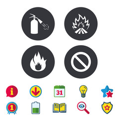 Fire flame icons. Fire extinguisher sign. Prohibition stop symbol. Calendar, Information and Download signs. Stars, Award and Book icons. Light bulb, Shield and Search. Vector
