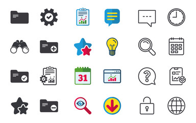 Accounting binders icons. Add or remove document folder symbol. Bookkeeping management with checkbox. Chat, Report and Calendar signs. Stars, Statistics and Download icons. Question, Clock and Globe