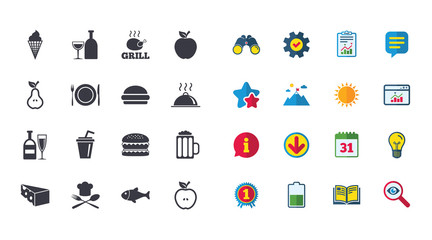 Set of Food and Drinks icons. Restaurant meal, Wine and Cheese signs. Burger, Milkshake and Beer symbols. Calendar, Report and Browser window signs. Stars, Service and Download icons. Vector