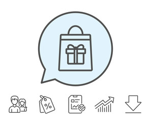 Shopping bag with Gift box line icon. Present or Sale sign. Birthday Shopping symbol. Package in Gift Wrap. Report, Sale Coupons and Chart line signs. Download, Group icons. Editable stroke. Vector