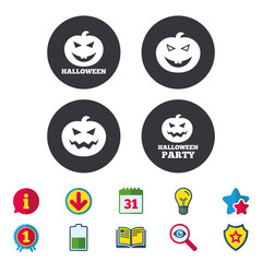 Halloween pumpkin icons. Halloween party sign symbol. All Hallows Day celebration. Calendar, Information and Download signs. Stars, Award and Book icons. Light bulb, Shield and Search. Vector