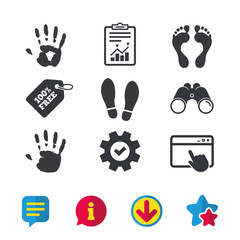 Hand and foot print icons. Imprint shoes and barefoot symbols. Stop do not enter sign. Browser window, Report and Service signs. Binoculars, Information and Download icons. Stars and Chat. Vector