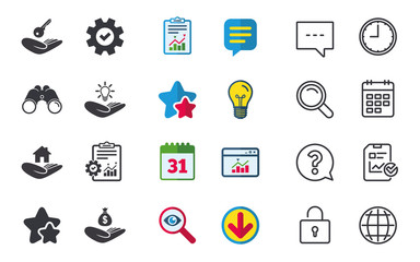 Helping hands icons. Financial money savings insurance symbol. Home house or real estate and lamp, key signs. Chat, Report and Calendar signs. Stars, Statistics and Download icons. Vector