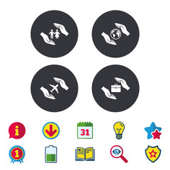 Hands insurance icons. Human life insurance symbols. Travel flight baggage symbol. World globe sign. Calendar, Information and Download signs. Stars, Award and Book icons. Vector