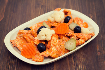 fried meat with pickles on dish