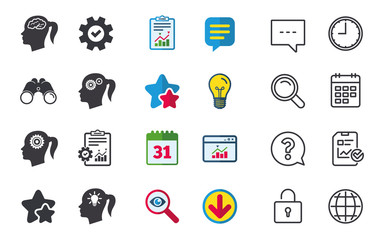 Head with brain and idea lamp bulb icons. Female woman think symbols. Cogwheel gears signs. Chat, Report and Calendar signs. Stars, Statistics and Download icons. Question, Clock and Globe. Vector