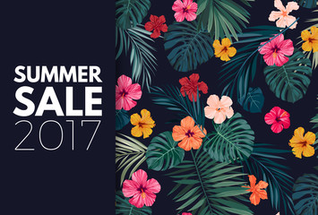 Obraz premium Summer colorful hawaiian vector flyer design with tropical palm leaves and hibiscus flowers