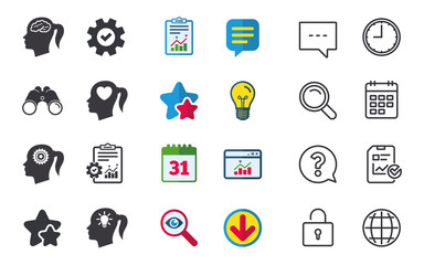 Head with brain and idea lamp bulb icons. Female woman think symbols. Cogwheel gears signs. Love heart. Chat, Report and Calendar signs. Stars, Statistics and Download icons. Question, Clock and Globe