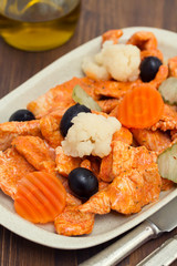 fried meat with pickles on dish