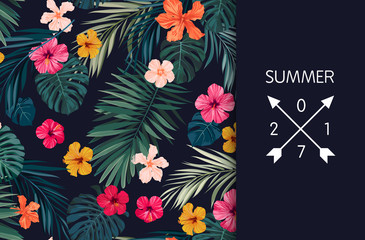 Obraz premium Summer colorful hawaiian vector flyer design with tropical palm leaves and hibiscus flowers