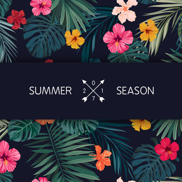 Fototapeta Summer colorful hawaiian vector flyer design with tropical palm leaves and hibiscus flowers