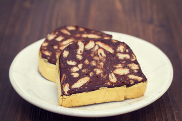 dessert chocolate salami on white dish