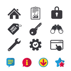 Home key icon. Wrench service tool symbol. Locker sign. Main page web navigation. Browser window, Report and Service signs. Binoculars, Information and Download icons. Stars and Chat. Vector