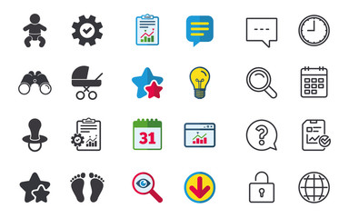 Baby infants icons. Toddler boy with diapers symbol. Buggy and dummy signs. Child pacifier and pram stroller. Child footprint step sign. Chat, Report and Calendar signs. Vector