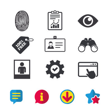 Identity ID card badge icons. Eye and fingerprint symbols. Authentication signs. Photo frame with human person. Browser window, Report and Service signs. Binoculars, Information and Download icons