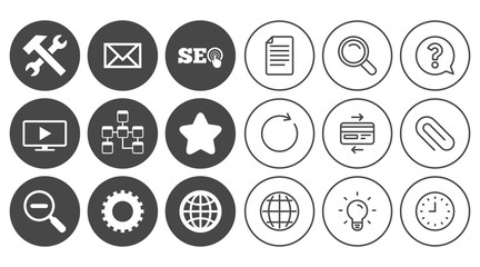 Internet, seo icons. Repair, database and star signs. Mail, settings and monitoring symbols. Document, Globe and Clock line signs. Lamp, Magnifier and Paper clip icons. Vector