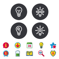 Light lamp icons. Lamp bulb with cogwheel gear symbols. Idea and success sign. Calendar, Information and Download signs. Stars, Award and Book icons. Light bulb, Shield and Search. Vector