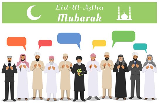 Muslim holiday Eid al-Adha. Feast of the Sacrifice. Different standing praying muslim arabic people, mullah and speech bubble in traditional arabian clothes. Mufti with quran. Islamic men. Vector.