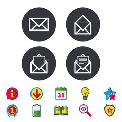 Mail envelope icons. Message document symbols. Post office letter signs. Calendar, Information and Download signs. Stars, Award and Book icons. Light bulb, Shield and Search. Vector