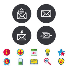 Mail envelope icons. Message document delivery symbol. Post office letter signs. Inbox and outbox message icons. Calendar, Information and Download signs. Stars, Award and Book icons. Vector