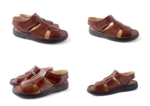 Male Brown Sandal on White Background, Isolated Product, Top View, Studio.