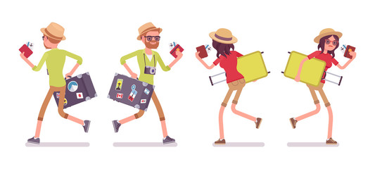 Tourist man and woman running