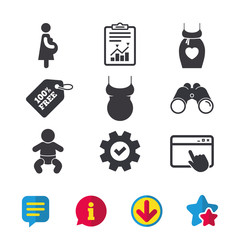 Maternity icons. Baby infant, pregnancy and shirt signs. Dress with heart symbol. Browser window, Report and Service signs. Binoculars, Information and Download icons. Stars and Chat. Vector