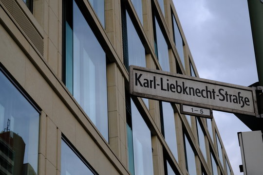 Karl Liebknecht Stra&szlig;e street sign. Karl-Liebknecht-Stra&szlig;e is a major street in the central Mitte district of the German capital Berlin