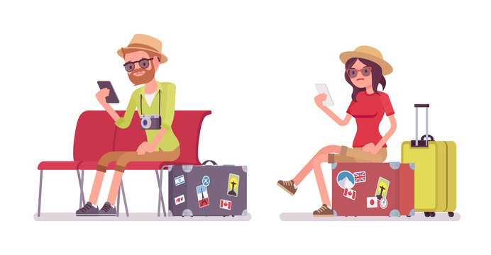 Tourist man and woman sitting
