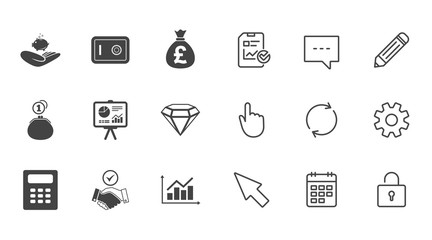 Money, cash and finance icons. Handshake, safe and calculator signs. Chart, safe and jewelry symbols. Chat, Report and Calendar line signs. Service, Pencil and Locker icons. Click, Rotation and Cursor
